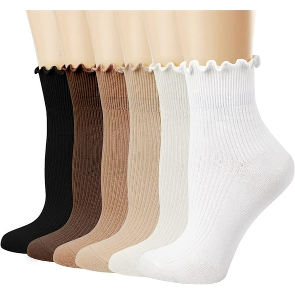 Zhengup Women's Ruffle Socks Casual Cute Ankle Socks Cool Cotton Knit Low Cut Lace Frilly Crew Socks for Women 6 Pack