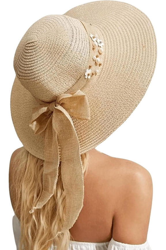 Women's Scalloped Wide Brim Straw Sun Hats Boho Beaded Beach Hat