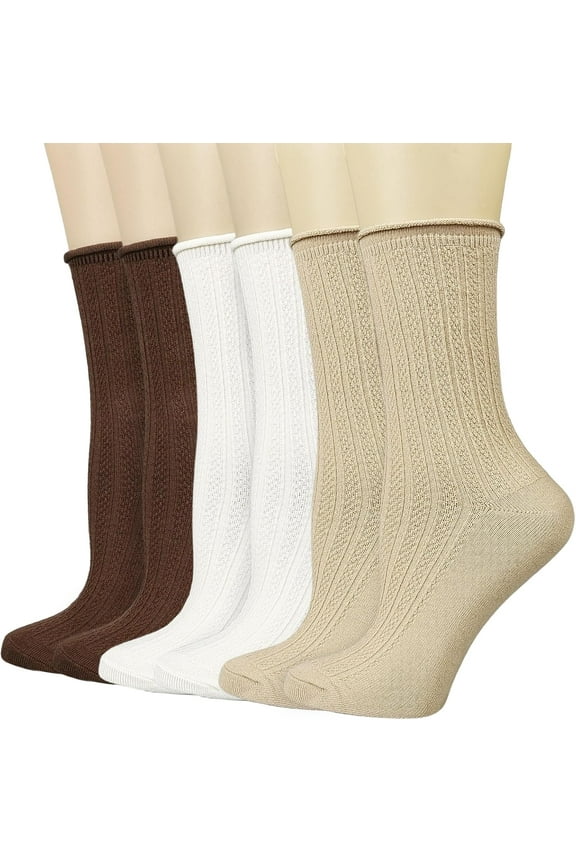Women's Socks,Casual Cute Roll-up Crew Socks Breathable Cotton Ankle Socks for Women 6 Pack
