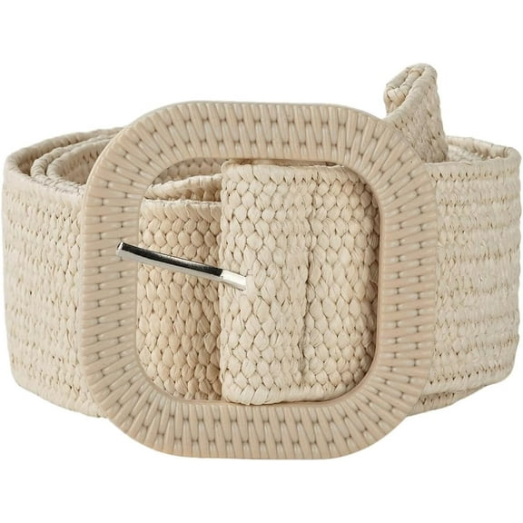 Zhengup Women's Square Buckle Elastic Straw Belts Woven Wide Waist Boho Waist Belt