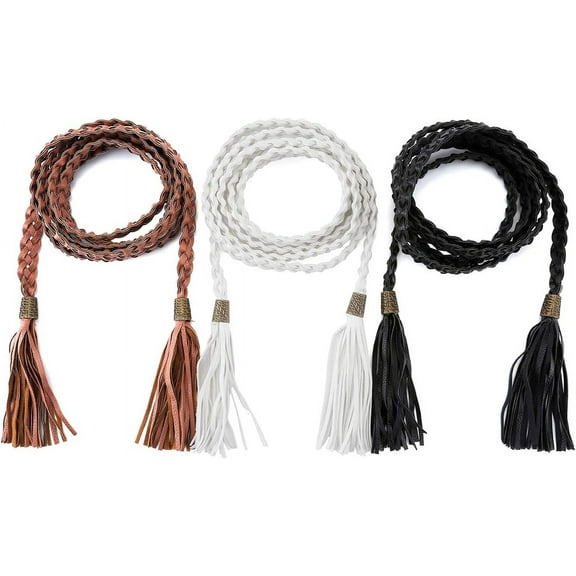 Zhengup Women's Tassel Braided Rope Belt PU Leather Waist Belt Thin Woven Boho Waistband For Dress Jeans
