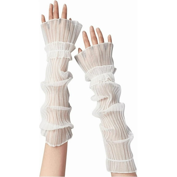 Zhengup Women's Y2K Sheer Mesh Lace Ruffle Pleated Gloves Fingerless Elbow Length Arm Sleeves