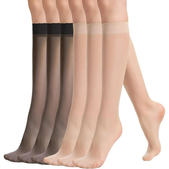 Zhengup Womens 6 Pairs Knee High Sheer Tight Stockings Silky Ultra Thin Through High Elasticity Stockings Reinforced Toe