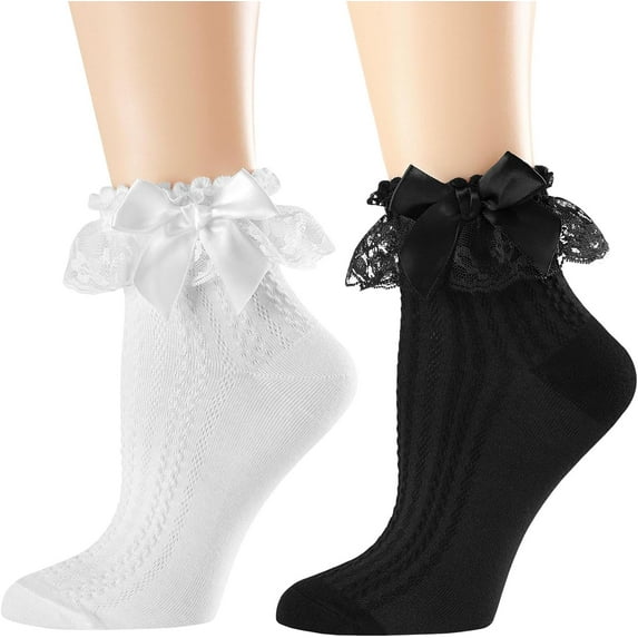 Zhengup Womens Ankle Socks Lace Ruffle Frilly Cotton Cute Princess Ankle Dress Lace Socks for Girl 2 Pack