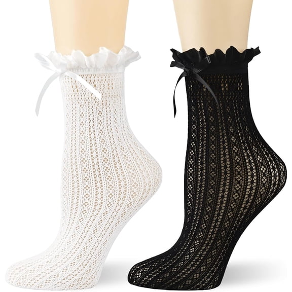 Zhengup Womens Ankle Socks Lace Ruffle Frilly Cotton Cute Princess Ankle Dress Socks for Girl 2 Pack