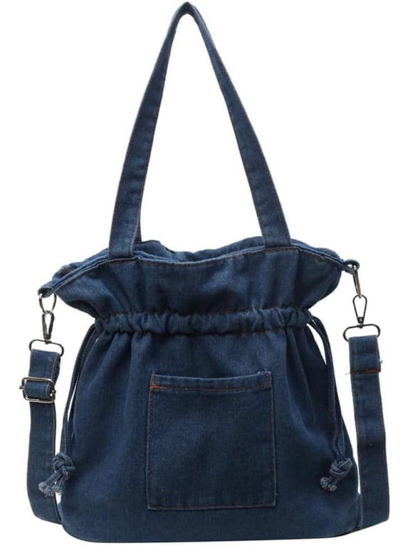 Womens Canvas Shoulder Bags Denim Bucket Crossbody Tote Large Purse Handbags Top Handle Satchel with Drawstring