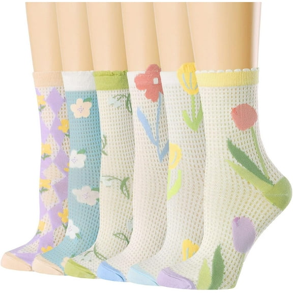 Zhengup Womens Cotton Crew Socks Casual Novelty Floral Cute Fun Girls Colorful Flower Pattern Thin 6 Pack