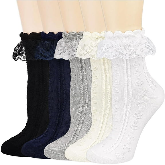 Zhengup Womens Crew Socks Lace Ruffle Frilly Cotton Cute Princess Ankle Dress Socks for Girl 5 Pack