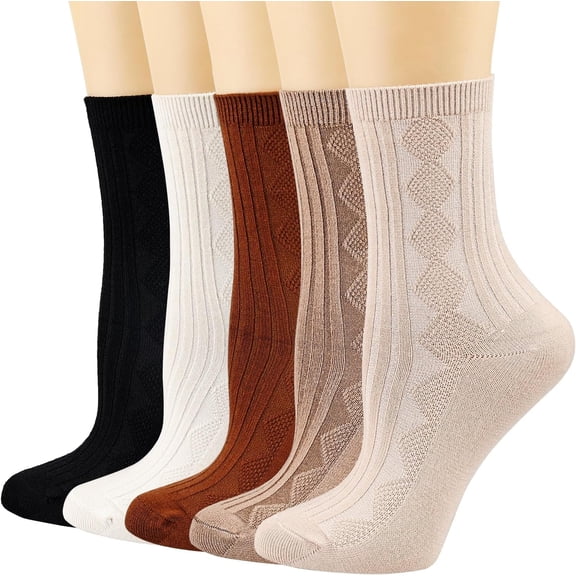 Zhengup Womens Crew Socks,Retro Casual Knit Cotton Comfy Breathable Dress Socks for Ladies 5 Pairs