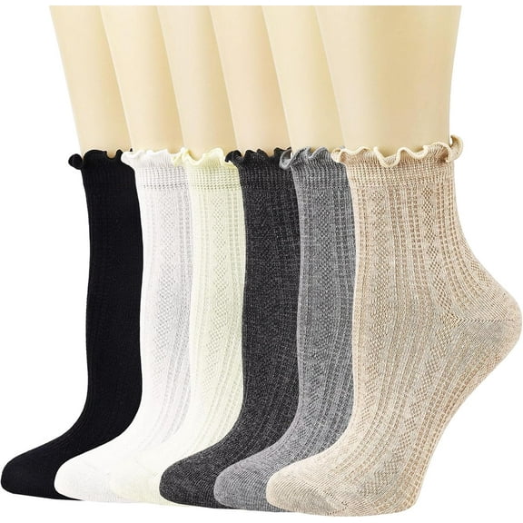 Zhengup Womens Crew Socks Ruffle Casual Cotton Frilly Breathable Cute Knit Lettuce Trim Dress Ankle Socks 6 Pack