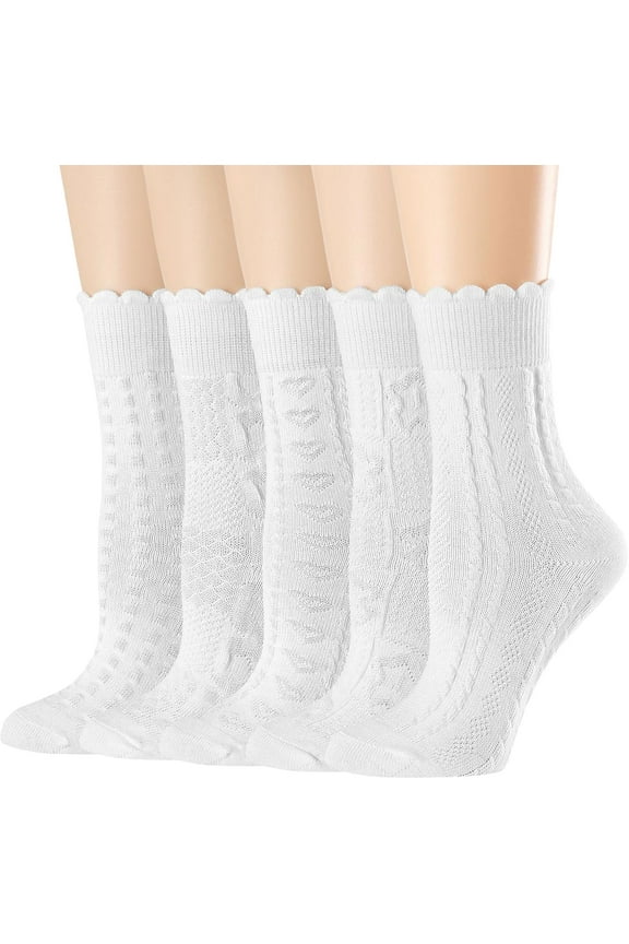 Womens Crew Socks Ruffle Cotton Cute White Frilly Casual Ankle Socks for Girl 5 Pack