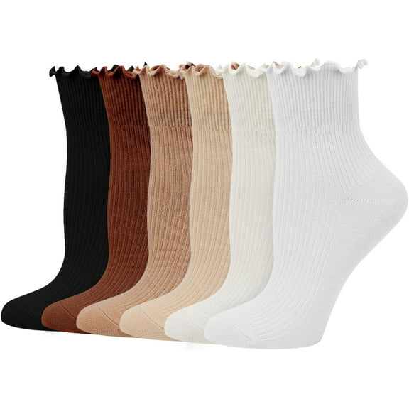 Zhengup Womens Crew Socks Ruffle Cotton Frilly Cute Trim Breathable Ankle Socks 6 Pack