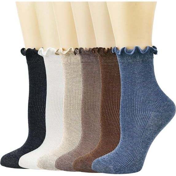 Zhengup Womens Crew Socks Ruffle White Casual Cotton Frilly Breathable Cute Knit Lettuce Trim Ankle Socks 6 Pack