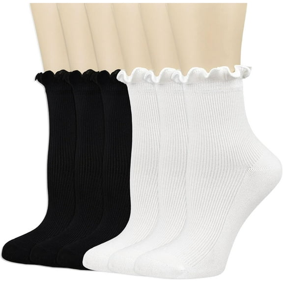 Zhengup Womens Crew Socks Ruffle White Casual Cotton Frilly Breathable Cute Knit Lettuce Trim Ankle Socks 6 Pack
