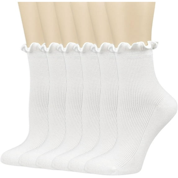 Zhengup Womens Crew Socks Ruffle White Casual Cotton Frilly Breathable Cute Knit Lettuce Trim Ankle Socks 6 Pack