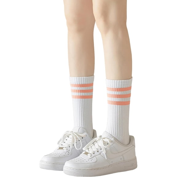 Zhengup Womens Crew Striped Socks Cotton Running Athletic Socks Casual Striped Ankle White Socks for Girls School 1/4/6 Pack