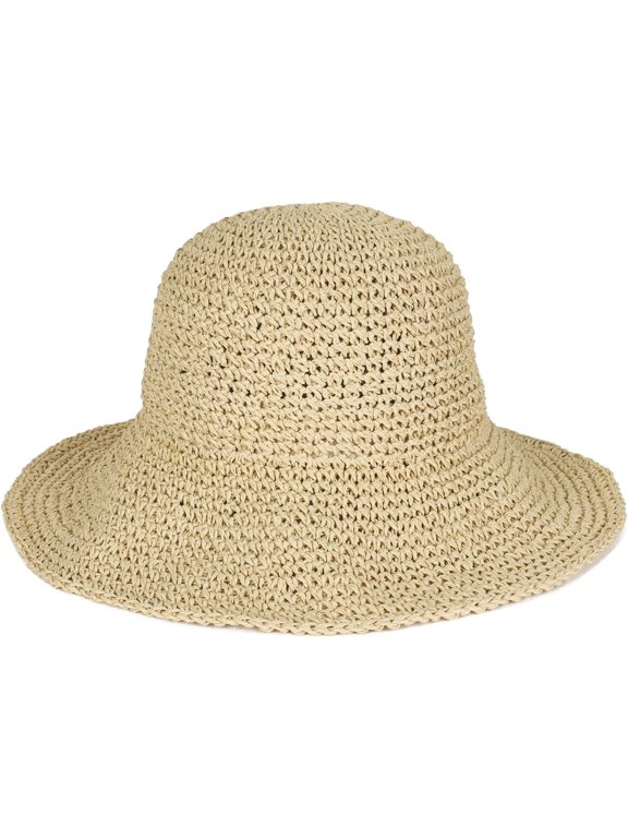 Womens Floppy Straw Sun Hat Foldable Packable Wide Brim Summer Beach Hat Crochet Bucket Hat