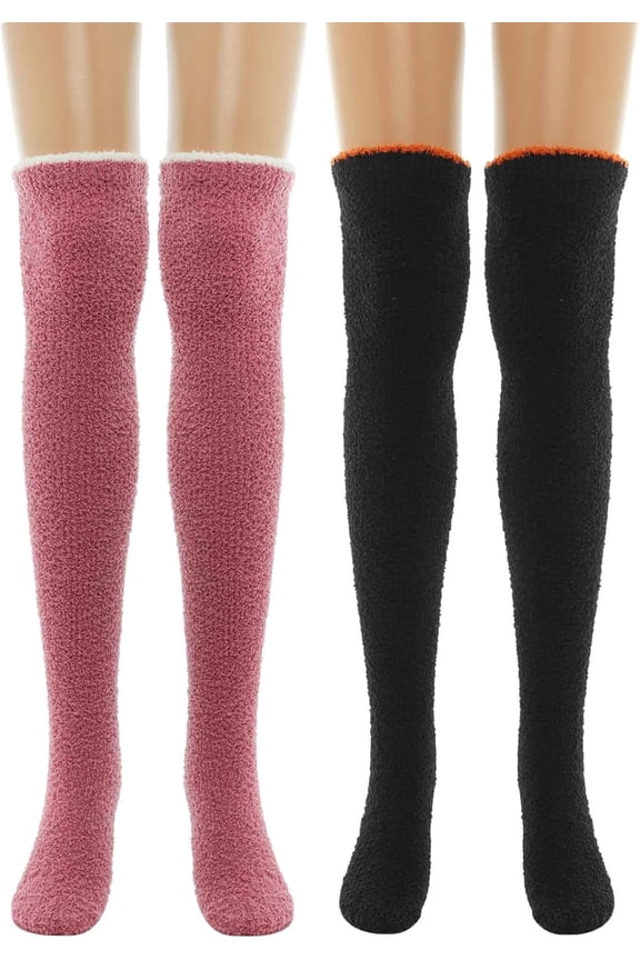 Womens Knee High Fuzzy Stockings Warm Fluffy Thigh High Socks Cozy Coral Fleece Sock Winter Christmas Gift Soft Leg Warmer for Women and Girls(Pack of 2)