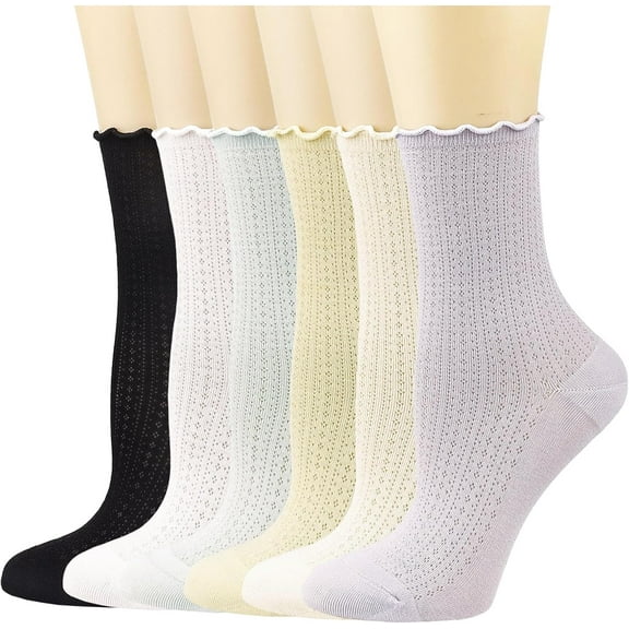 Zhengup Womens Ruffle Crew Socks Breathable Mesh Casual Cotton Frilly Cute Knit Lettuce Trim Thin Socks 6 Pack