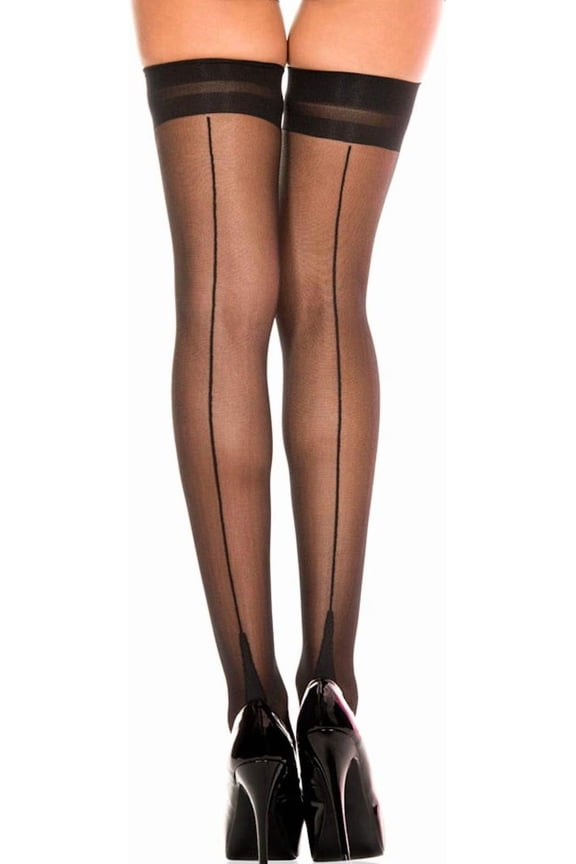 Womens Sheer Back Seam Cuban Heel Stockings (Black/Black)