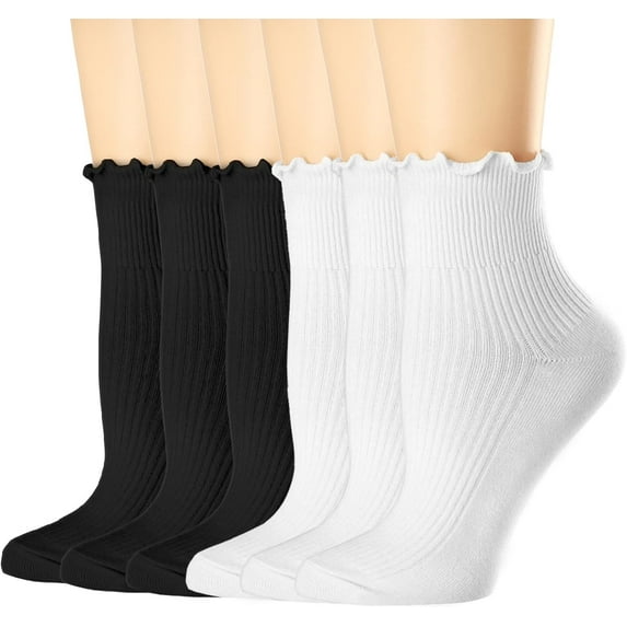 Zhengup Womens Socks, Ruffle Turn-Cuff Casual Ankle Socks Breathable Cool Knit Cotton Lettuce Crew Frilly Sock 6 Pack