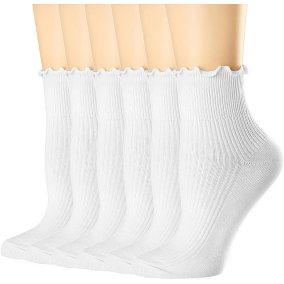 Zhengup Womens Socks, Ruffle Turn-Cuff Casual Ankle Socks Breathable Cool Knit Cotton Lettuce Crew Frilly Sock 6 Pack