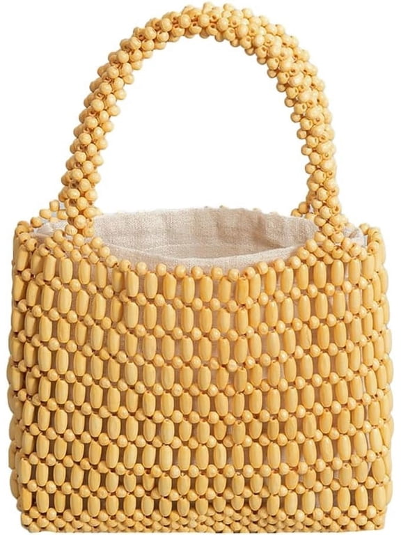 Womens Wood Beads Handbag Handmade Hollow Mini Purses Woven Summer Beach Small Totes Evening Bags for Wedding Party