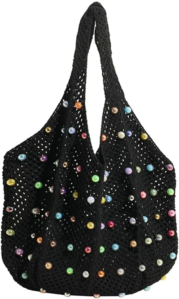 Zhengup Woven Tote Bag for Wineb Crochet Hobo Bags Beaded Shoulder Bag Trendy Knit Hollow Summer Beach Handbag Purse