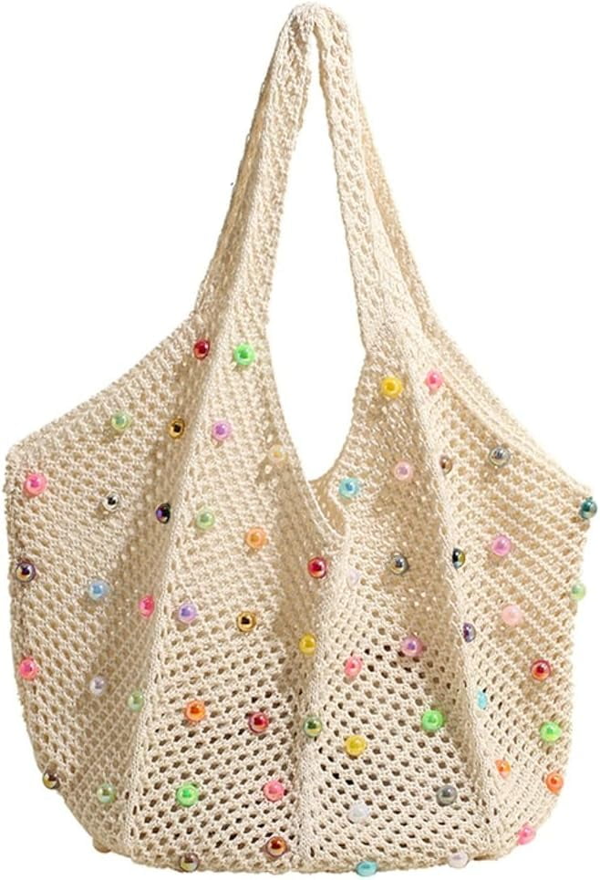 Zhengup Woven Tote Bag for Wineb Crochet Hobo Bags Beaded Shoulder Bag Trendy Knit Hollow Summer Beach Handbag Purse