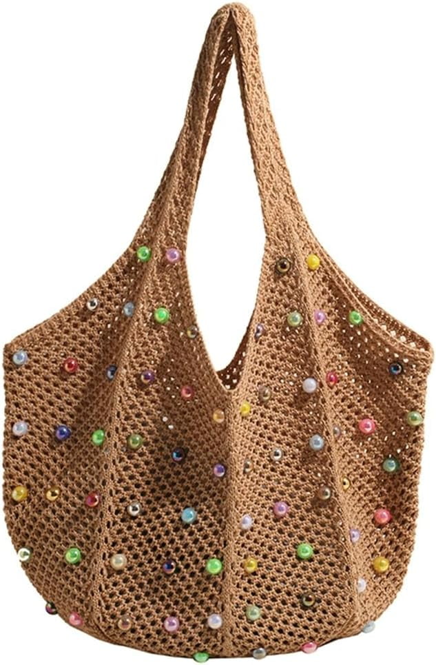 Zhengup Woven Tote Bag for Wineb Crochet Hobo Bags Beaded Shoulder Bag Trendy Knit Hollow Summer Beach Handbag Purse