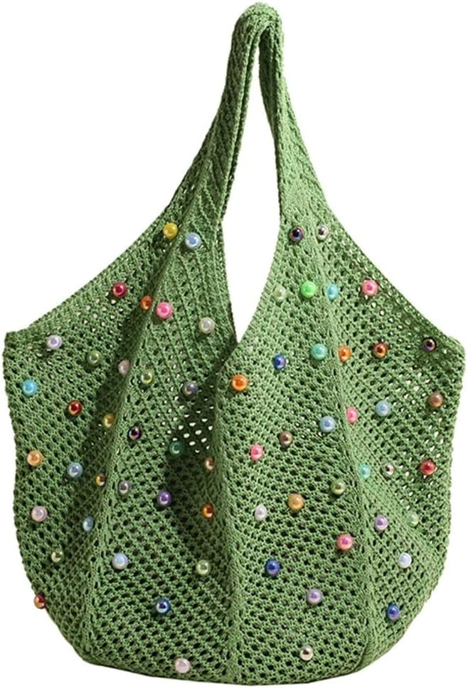 Zhengup Woven Tote Bag for Wineb Crochet Hobo Bags Beaded Shoulder Bag Trendy Knit Hollow Summer Beach Handbag Purse