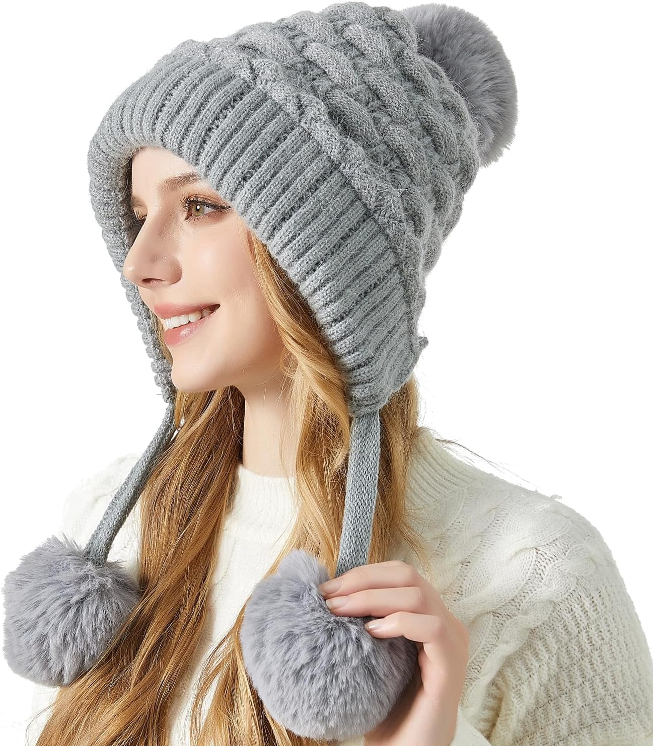 Zhengup XL Size Women Winter Sherpa Beanie Hats Knit Ear Flaps Peruvian Cover Ears Fleece Lined Fluffy Ski Snow Hat Large Head