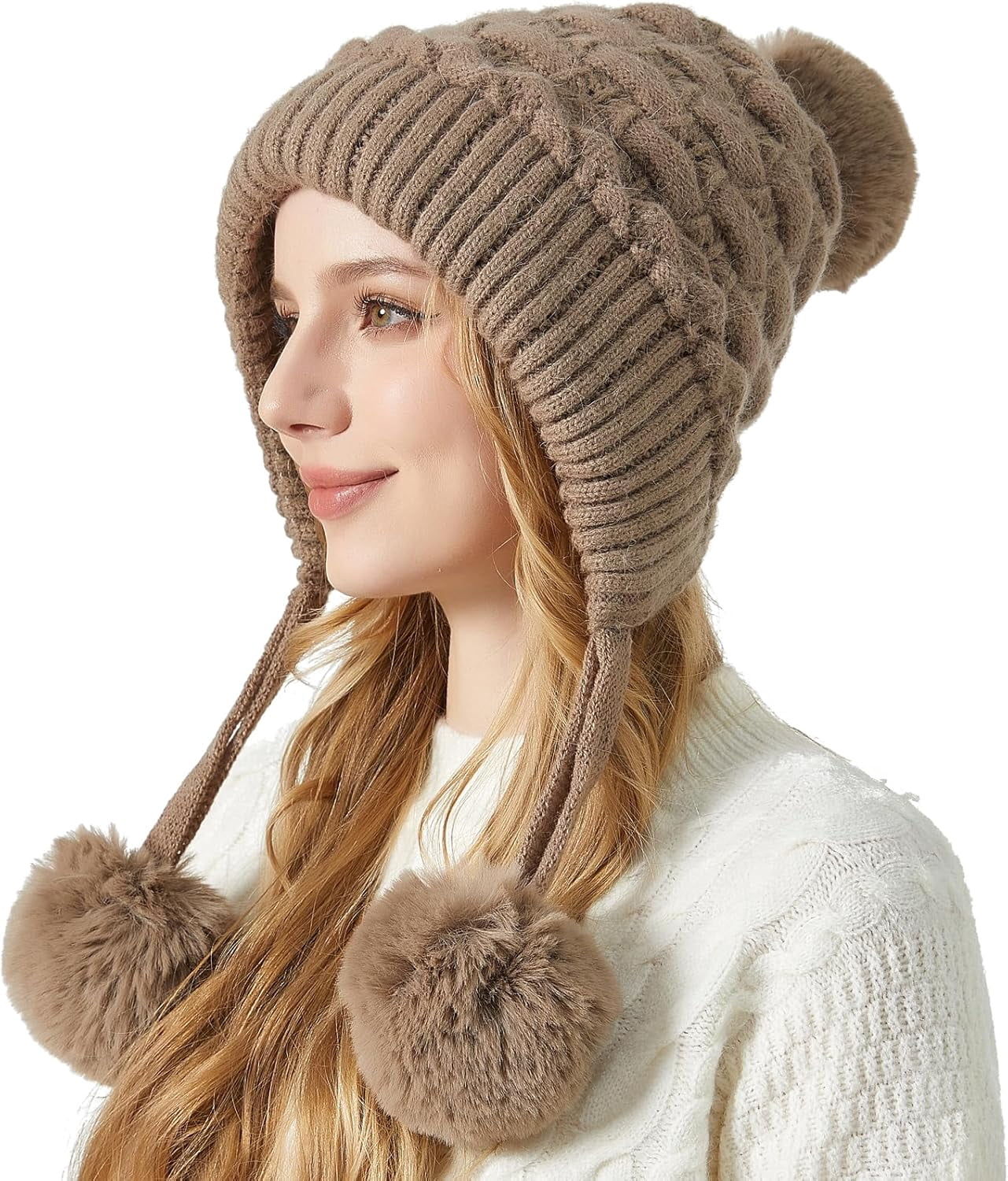 Zhengup XL Size Women Winter Sherpa Beanie Hats Knit Ear Flaps Peruvian Cover Ears Fleece Lined Fluffy Ski Snow Hat Large Head