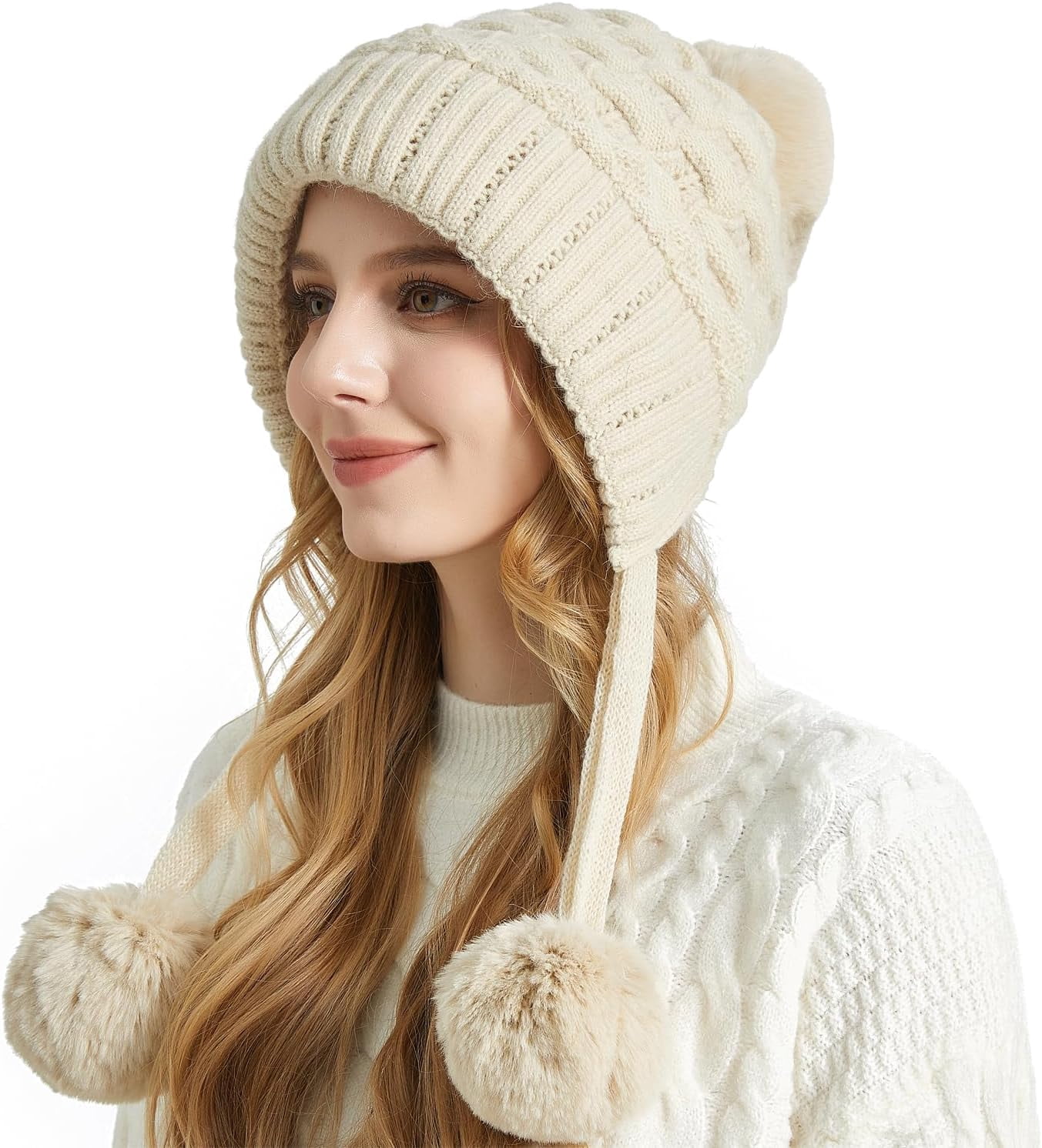 Zhengup XL Size Women Winter Sherpa Beanie Hats Knit Ear Flaps Peruvian Cover Ears Fleece Lined Fluffy Ski Snow Hat Large Head