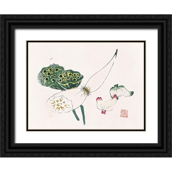 Zhengyan, Hu 14x12 Black Ornate Wood Framed with Double Matting Museum Art Print Titled - Page from Shi Zhu Zhai Green Seed Pods