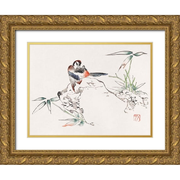 Zhengyan, Hu 14x12 Gold Ornate Wood Framed with Double Matting Museum Art Print Titled - Page from Shi Zhu Zhai Bird on Rock