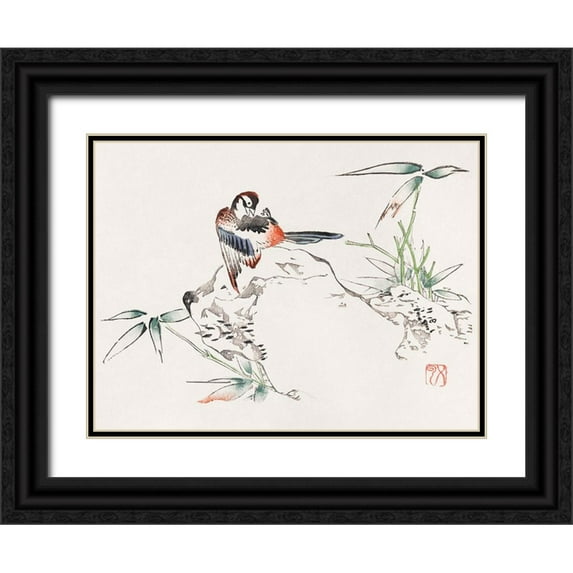 Zhengyan, Hu 24x19 Black Ornate Wood Framed with Double Matting Museum Art Print Titled - Page from Shi Zhu Zhai Bird on Rock