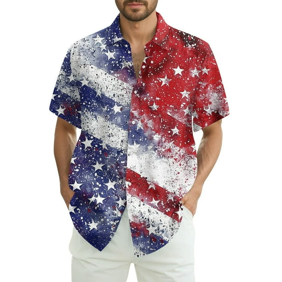 Zhensanguo Patriotic Mens Golf Shirts Button Down Independence Day Short Sleeve Usa Flag T-Shirt 4th Of July Beach Hawaiian Tops Light Blue XL