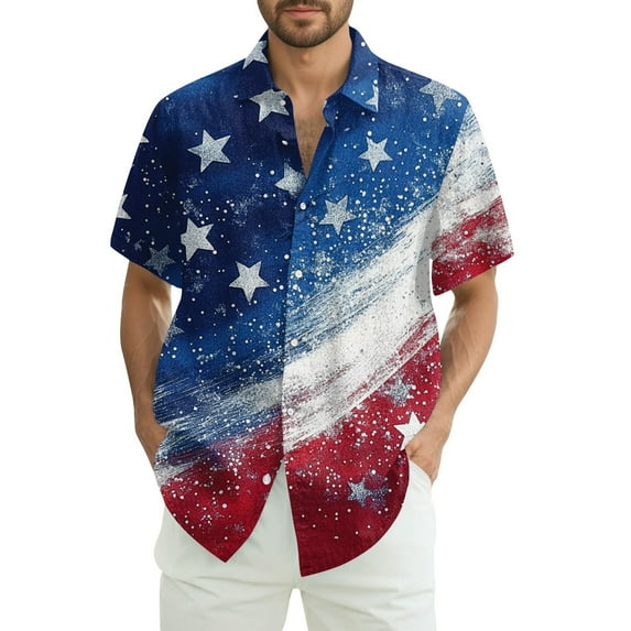 Zhensanguo Patriotic Menst Shirts Button Down Independence Day Short Sleeve Red White Blue Stripes Tops 4th Of July Beach Casual T-Shirt Royal Blue XL