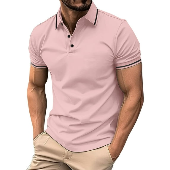 Zhensanguo Men Polo Shirt Collared Short Sleeve Button Down Classic T-Shirts Golf Solid Color Shirt Pink XL