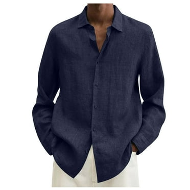 Zhensanguo Mens Shirts Long Sleeve Button Up Casual Lightweight Tops Summer Cotton Linen T-Shirts Navy 4XL