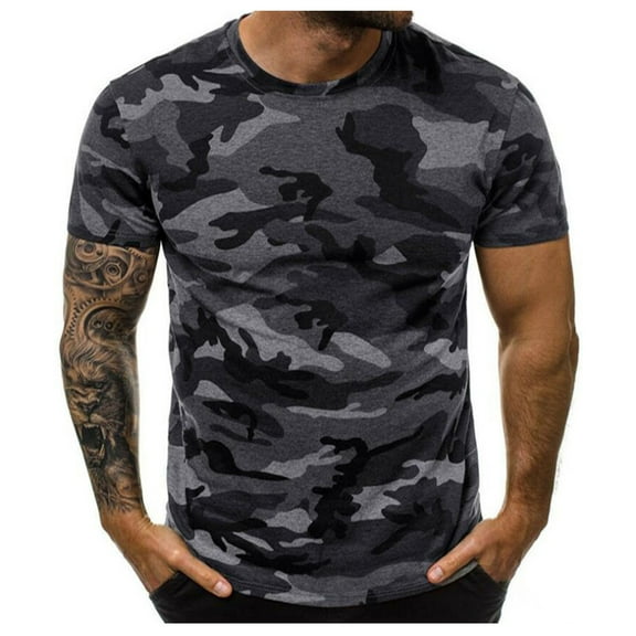 Zhensanguo Mens T-Shirts Camouflage Short Sleeve Vintage Tops Crew Neck Casual Summer T-Shirts Dark Gray 4XL