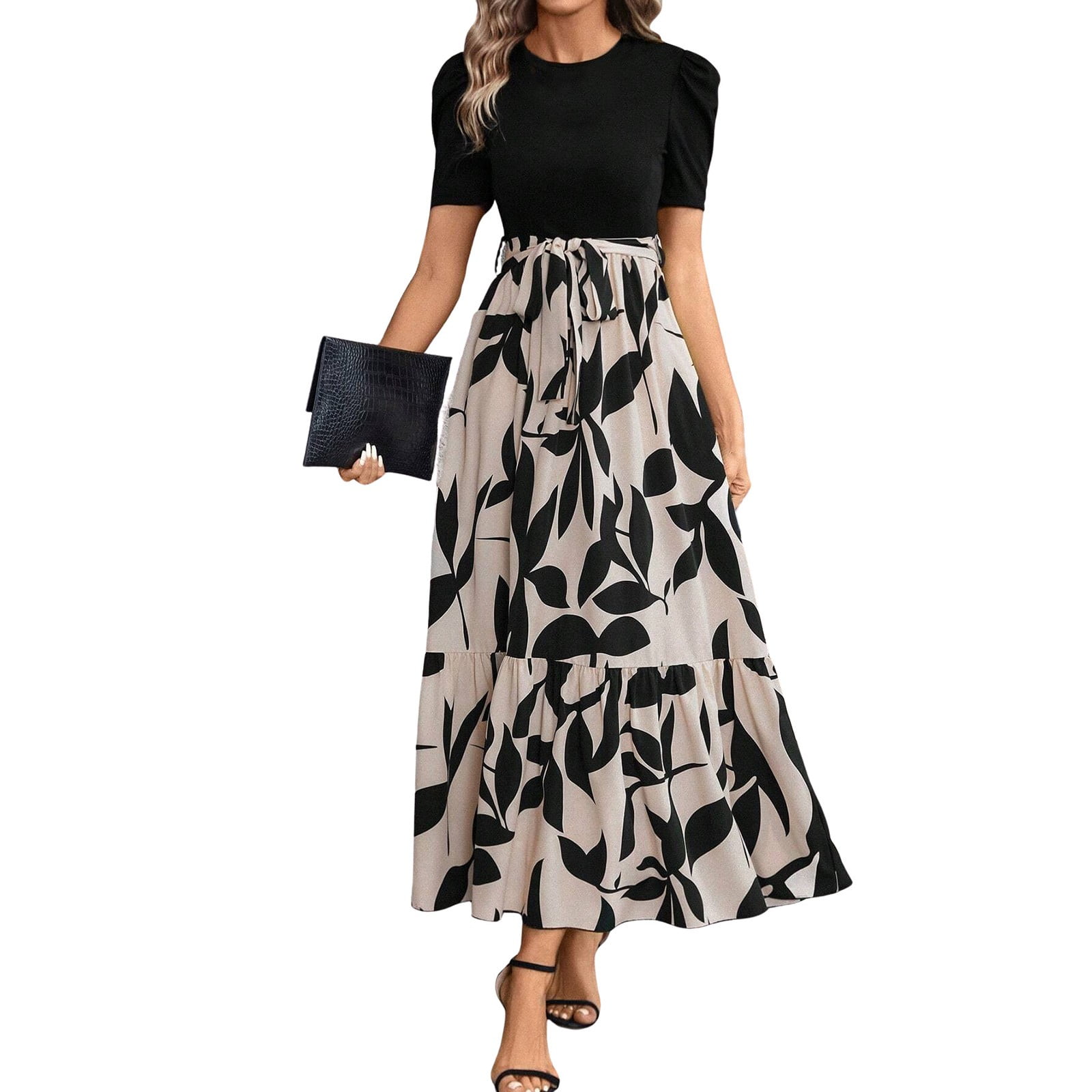 Zhensanguo Women's Summer Dresses Floral Print a Line Short