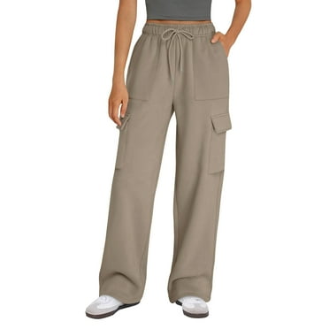 Zhensanguo Womens Cargo Sweatpants Wide Leg High Waisted Baggy Drawstring Sweat Pants Fall Flared Pants with Pockets Camel L