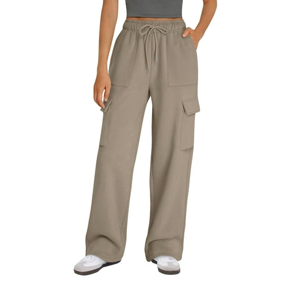Zhensanguo Womens Cargo Sweatpants Wide Leg High Waisted Baggy Drawstring Sweat Pants Fall Flared Pants with Pockets Camel XL