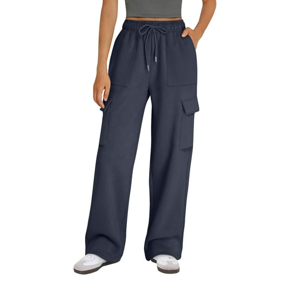 Zhensanguo Womens Cargo Sweatpants Wide Leg High Waisted Baggy Drawstring Sweat Pants Fall Flared Pants with Pockets Navy 2XL