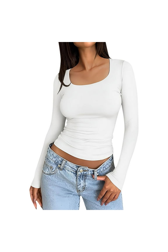 Womens Long Sleeve Shirts Slim Fit Crop Tops Square Neck 2025 Basic T Shirts Fashion Clothes #1White M