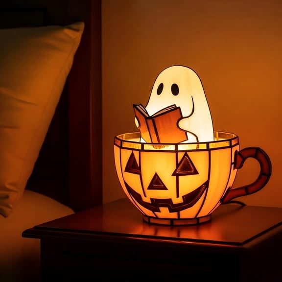 Zhi Stained Glass Halloween Lamp Ghost Design, Great for Home And Event Decor, Durable Light For Table And Accents