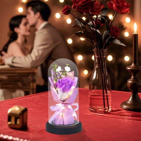 Zhi Valentines Day Gift Everlasting Flowers Dried Bouquet with Glass Cover Luminous Roses Soap Flowers Practical Birthday Floral Arrangement