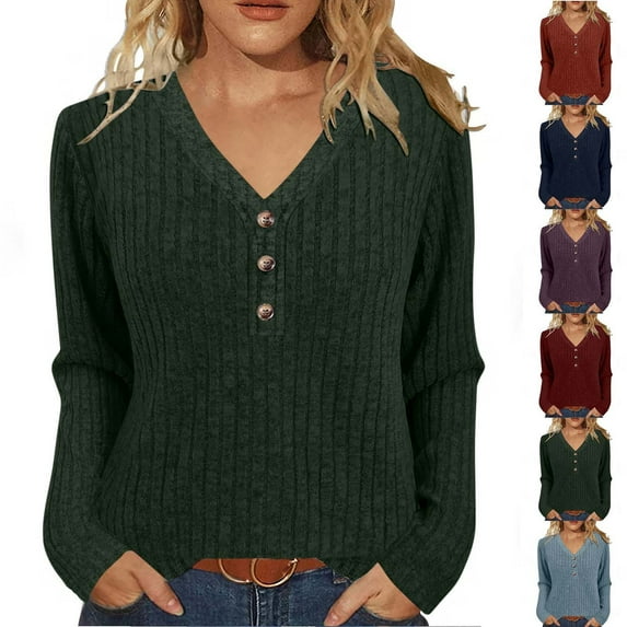 Zhi Women's Henley V-Neck Long Sleeve Regular Fit Knit Top - Casual & Office ,Wine ,M